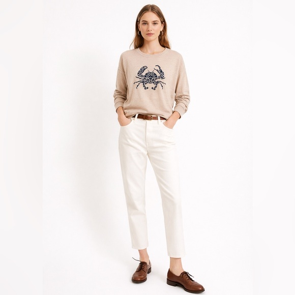 J. Crew Sweaters - J. Crew tan linen lightweight, long sleeve sweater with navy blue crab motif. M